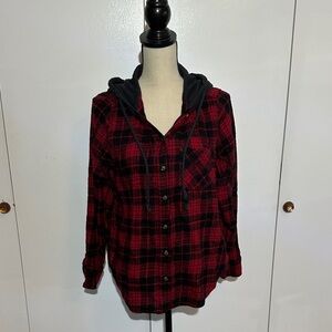 Time and Tru Red and Black Plaid Button Down Shirt